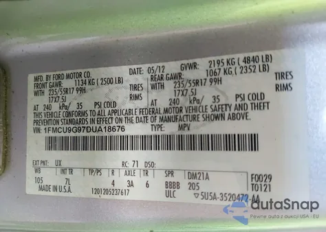 2013 Ford Escape Se z USA, uszkodzony, nr VIN 1FMCU9G97DUA18676